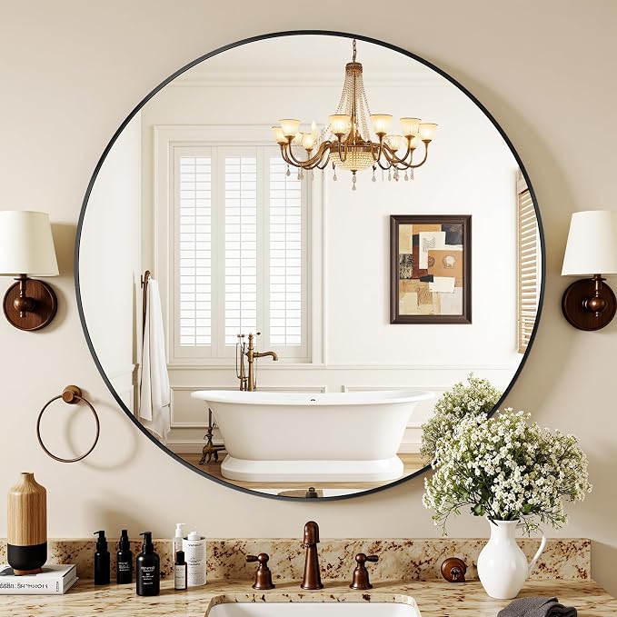 Antok 30 Inch Round Mirror for Wall, Round Bathroom Mirror, Circle Wall Mirrors with Black Metal Frame, Circle Mirrors Suitable for Wall, Bathroom, Vanity, Living Room, Entryway
