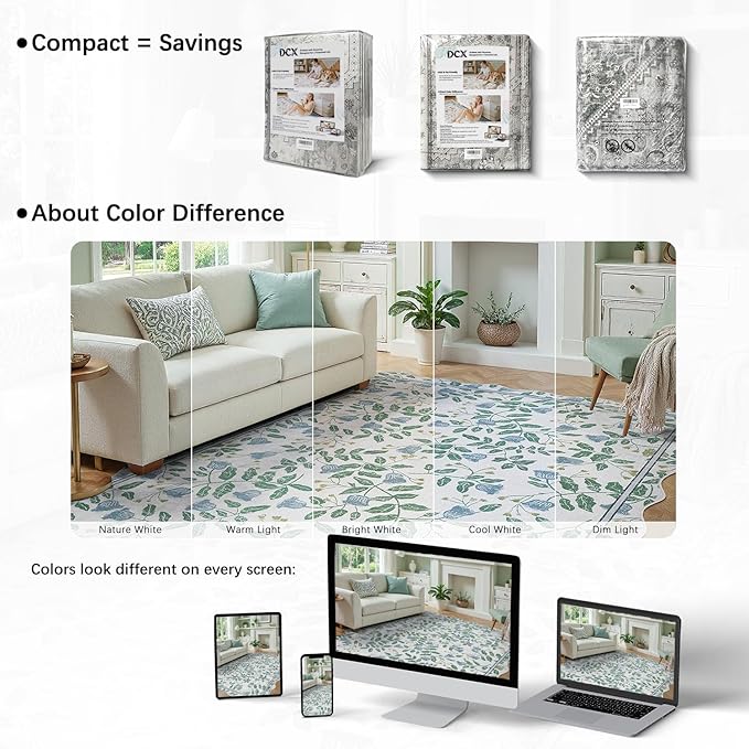 DCX Washable Botanical Floral Rug 8x10, Blue and Green Scalloped Rug, Non Slip Low Pile Carpet for Bedroom, Living Room, Kid & Pet Friendly