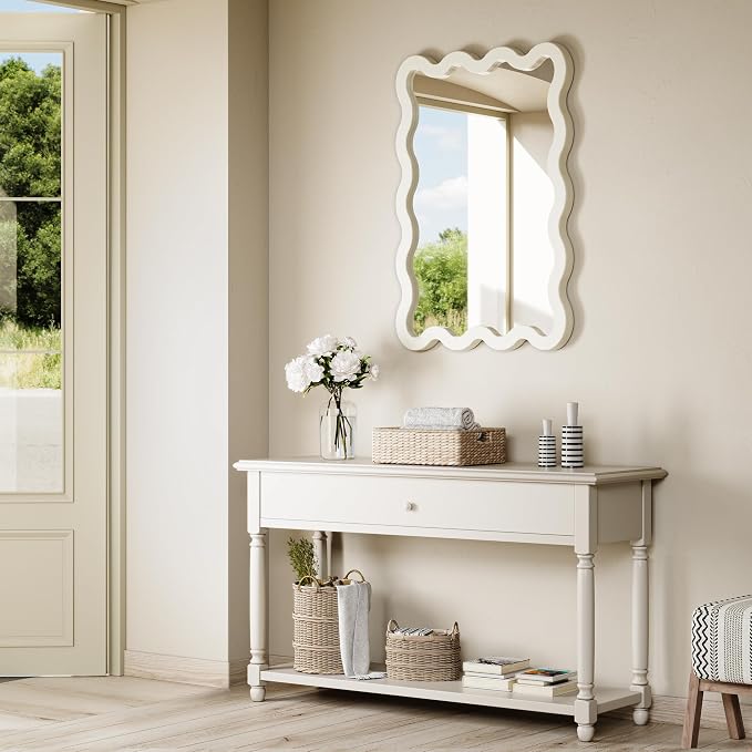 22"x30" White Wavy Wall Mirror for Vanity, Cream Solid Wood Irregular Mirror for Bedroom, Cute Squiggle Mirror for Aesthetic Decor, Small Asymmetrical Curvy Frame