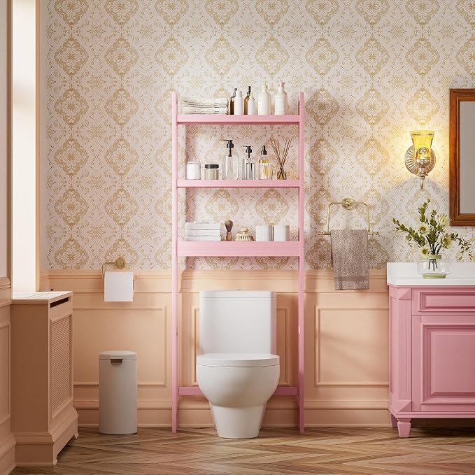 SMIBUY Bathroom Storage Shelf, Bamboo Over-The-Toilet Organizer Rack, Freestanding Toilet Space Saver with 3-Tier Adjustable Shelves (Pink)
