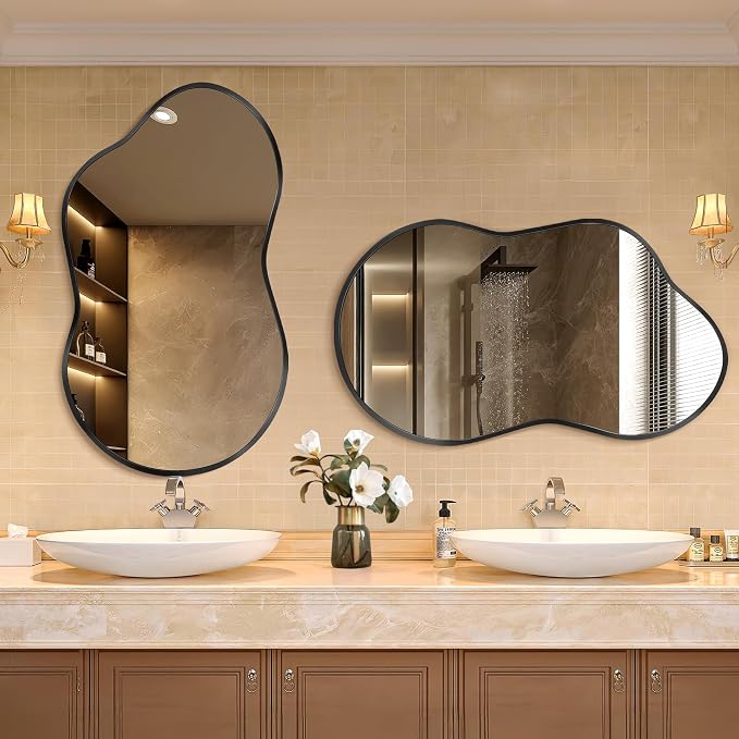 Dorlicecass Irregular Wall Mirror - Wall Mirrors Decorative 24"x36" Black Asymmetrical Mirror Tempered Glass Aviation Aluminum Alloy Frame for Bathroom, Bedroom, Living Room, Cloakroom, Entryway