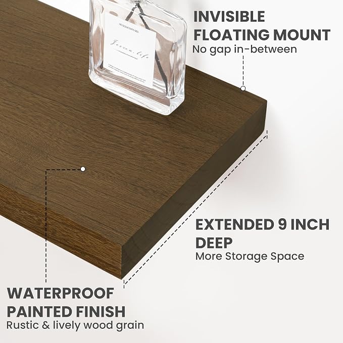 Solid Wood Floating Shelves For Wall, 24”W x 9”D x 1.56”H Large Wall Shelves for Living Room Bedroom Bathroom Kitchen Drcor Storage with Invisible Heavy-Duty Metal Bracket, Light Brown, Set of 2