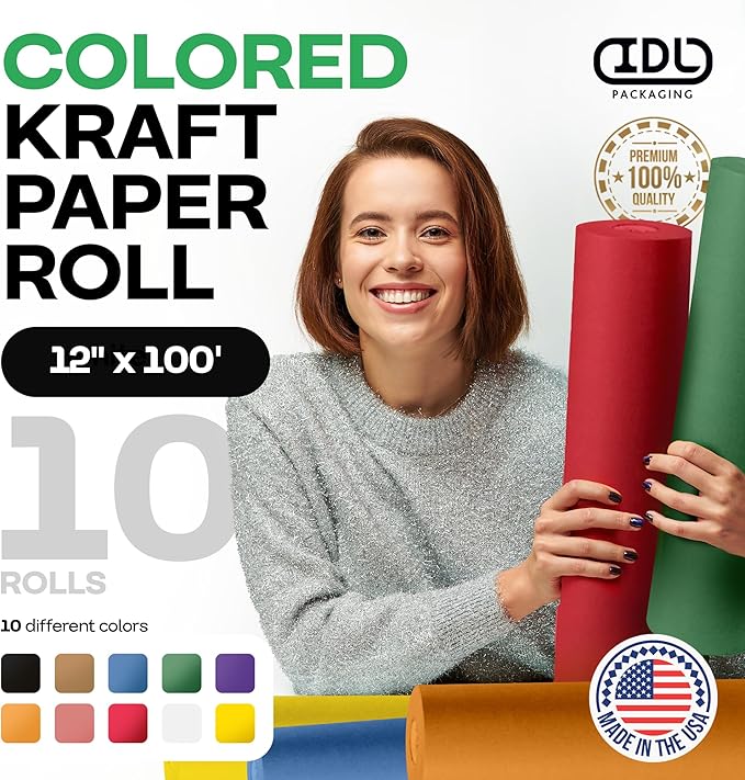 Assorted Colors Kraft Paper, Set of 10 Rolls 12" x 1200" (100 ft) - USA-Made Natural Multi-Color Construction Paper for Kids' Arts & Crafts, School & DIY Projects, Gift Wrapping by IDL Packaging