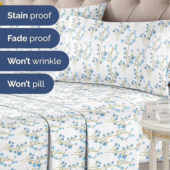 Floral Sheets - Blue Floral Bed Sheet Set - 1 Flat, 1 Fitted & 1 Pillowcase w/ Deep Pockets - Comfy, Wrinkle & Fade Free - Boho Botanical Bedding - Ultra-Soft, Breathable and Cooling - Twin Size Set