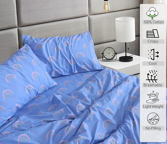 RUVANTI 100% Cotton Twin Sheets Set, 3 Pieces, Soft & Breathable Percale Weave Bedding, Deep Pocket 16", Hotel Standard, Crisp Cool Feel, Durable, Perfect Floral Bed Sheet, Baby Rainbow