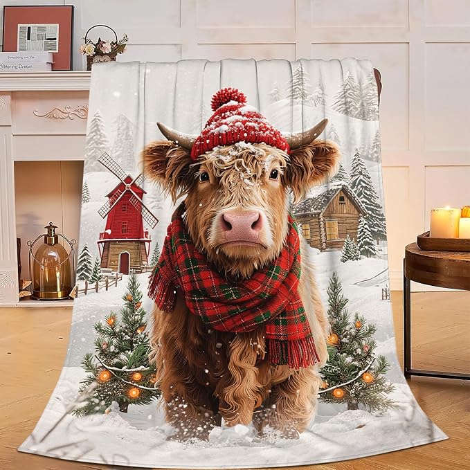 Highland Cow Blanket Christmas Cattle Throw Blanket Winter Snow Soft Cozy Fleece Fuzzy Stuffed Plush Farm Animal Flannel Gifts for Girls Women Boys Kids Adults 40''x50''