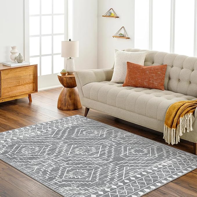 Wonnitar Moroccan Gray Area Rugs for Living Room, Washable 5x7 Boho Bedroom Rugs, Non-Slip Large Soft Dining Room Throw Mat, Floor Carpet for Basement Guest Room Office (Silver Grey,5'x7')