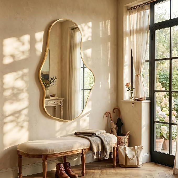 Dorlicecass Mirror Full Length - Wall Mirrors Decorative 26"x 43" Asymmetrical Abstract Aviation Aluminum Alloy Frame Unique for Bathroom, Bedroom, Living Room, Cloakroom, Entryway Gold