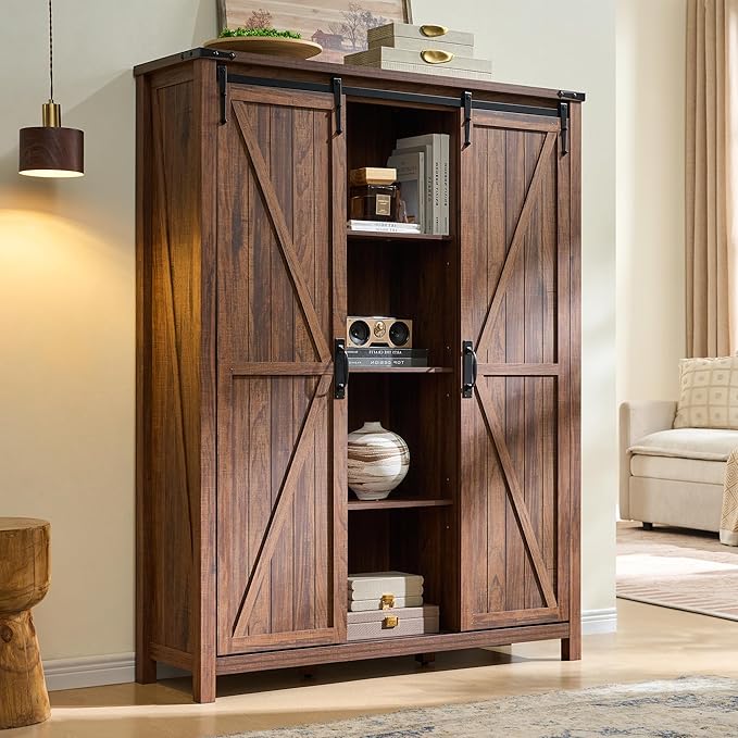 OKD Storage Cabinet with 2 Sliding Door, 7-Tier 62" Tall Farmhouse Entryway Shoe Cabinet, Freestanding Rustic Hidden Shoe Organizer for Entryway, Rustic Walnut