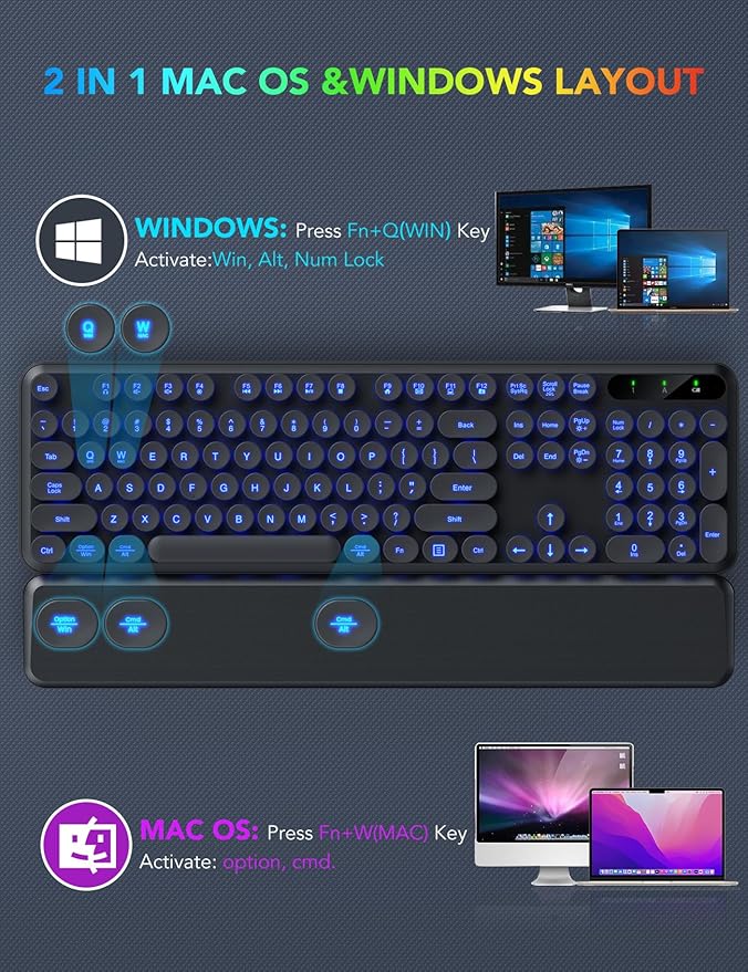 Wireless Keyboard and Mouse Backlit - Typewriter Keyboard with Magnetic Wrist Rest, Retro Round Keycaps, Light Up Letters, 2.4GHz Cordless Combo for Mac, Windows, PC, Laptop, Trueque [Upgraded]
