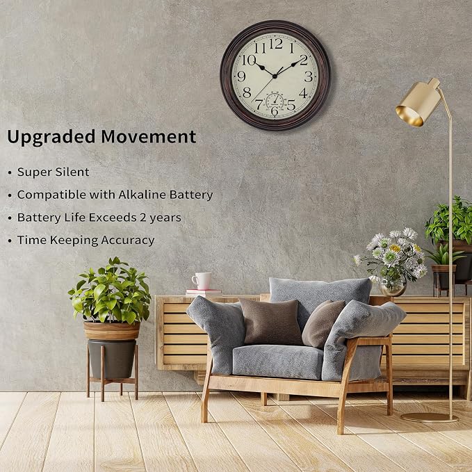 Foxtop Indoor Outdoor Waterproof Wall Clock with Thermometer, 12 Inch Retro Silent Non-Ticking Battery Operated Quartz Round Outdoor Clocks for Patio Pool Bathroom Porch (Bronze)