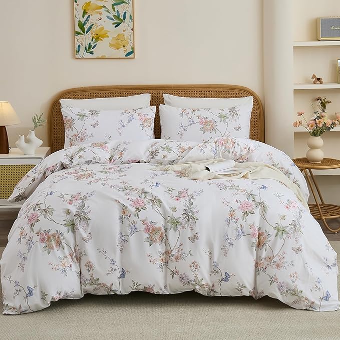 100% Cotton Duvet Cover King Size – Elegant French Romantic Floral Duvet Cover Set with Zipper Closure, 3-Piece Soft Breathable Durable Percale Cotton Bedding Set for All Seasons