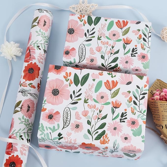 RayofSun Pink Floral Wrapping Paper Roll 17 in x 16.5 ft Mini Roll All Occasion Wildflower Flower Green leaves Gift Wrap Paper for Wedding Birthday Bridal Shower Party Wrapping Supplies