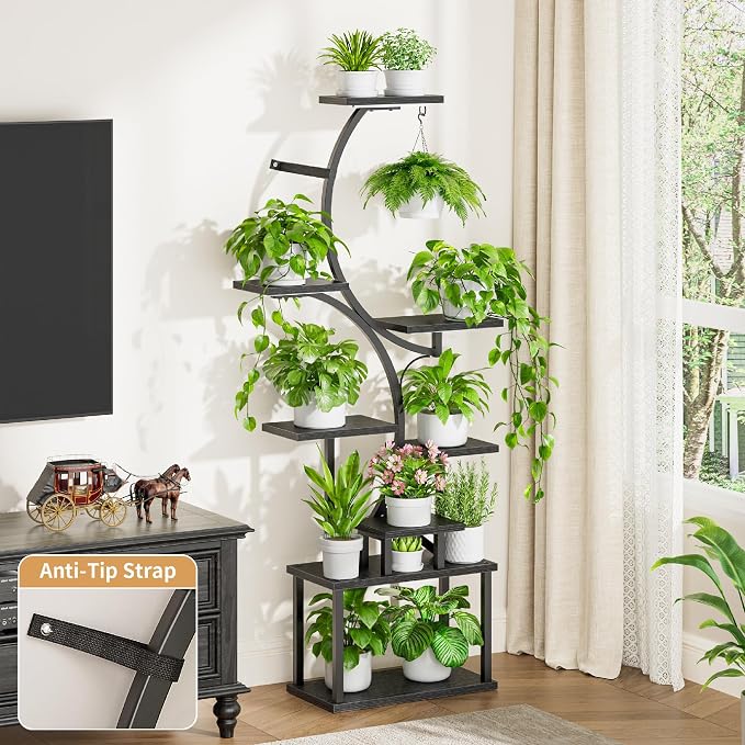 Plant Stand with Grow Lights for Indoor Plants, 8-Tiered Tall Corner Plant Shelf with Full Spectrum Light, S-Shaped Space-Saving Narrow Flower Holder, Anti-Tip for Living Room Bedroom Office, Black