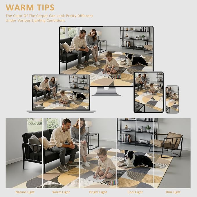 Merelax 5x8 Geometric Rug for Livingroom Bedroom - Washable Non-Slip Abstract Multi-Color Area Rug, Indoor Floor Carpet Low Pile Soft Rug for Dining Room, Mudroom, Modern Aesthetic Decor, Light Tan