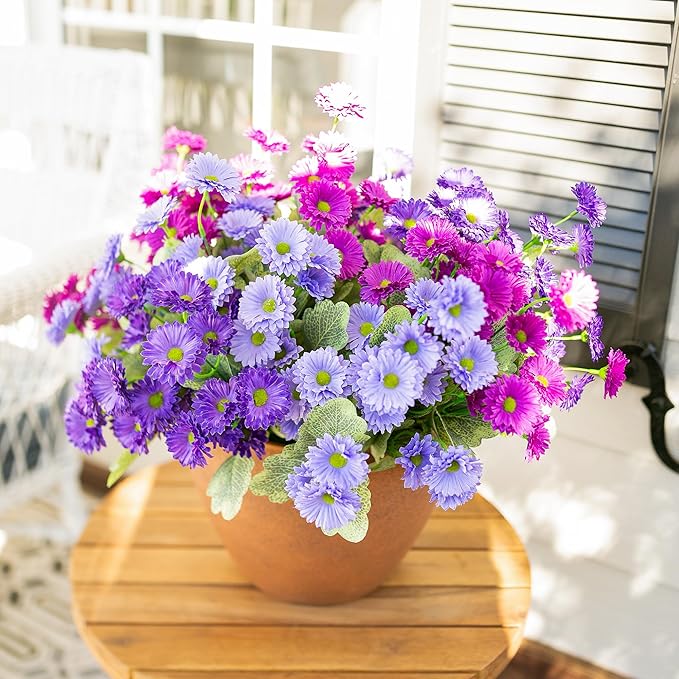 HyeFlora Dahlia Artificial Flowers for Outdoors Winter Decoration, 6 Bundles Fake Daisy Faux Plants Realistic UV Resistant Silk Flowers for Outside Planter Front Door Yard Garden Indoor Home, Mix
