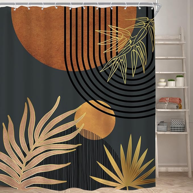 KOMLLEX Mid Century Brown Black Boho Shower Curtain 72Wx84L Inches Abstract Modern Shower Curtain for Bathroom Decor Plant Botanical Minimalist Arch Sun Fabric Liner Waterproof Polyester 12 Pack Hooks