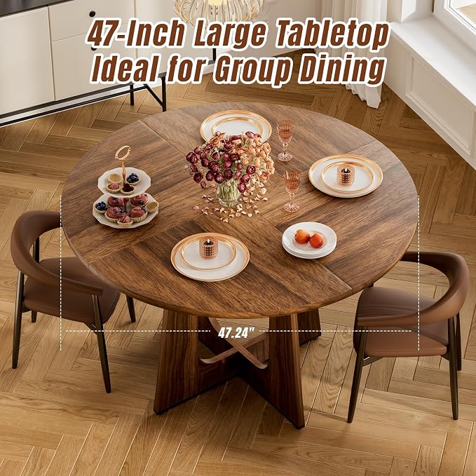 47" Round Dining Table for 4-6, Farmhouse Wood Kitchen Table, Mid-Century Wooden Circle Dinner Room Table Easy Assembly for Dining Room, Kitchen, Living Room (Brown)