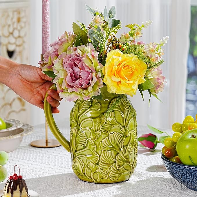Sungmor Embossed Ceramic Pitcher Vase, Decorative Green Farmhouse Ceramic Pitcher for Flowers, Vintage Textured Vase for Table, Kitchen & Home Decor, 8 Inch with Ice Crackle Glaze Finish