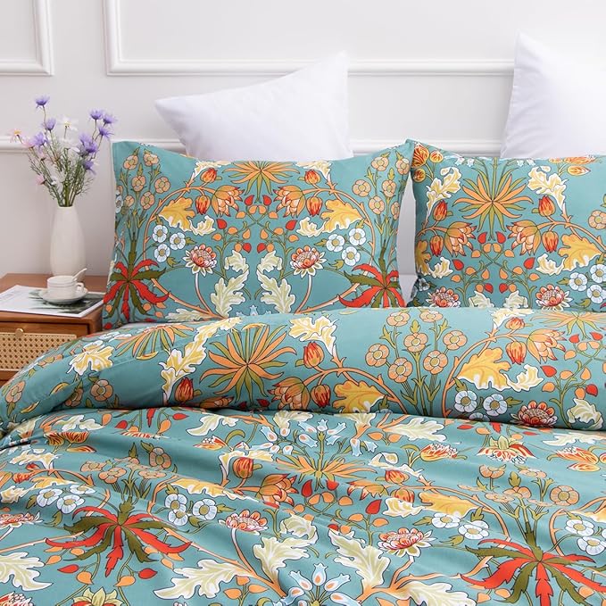 Nayoroom Vintage Floral Duvet Cover Set King Size Vibrant Boho Yellow Orange Flowers Printed on Teal Blue Comforter Cover 3Pcs Soft Microfiber Garden Style Bedding Set with Zipper Closure
