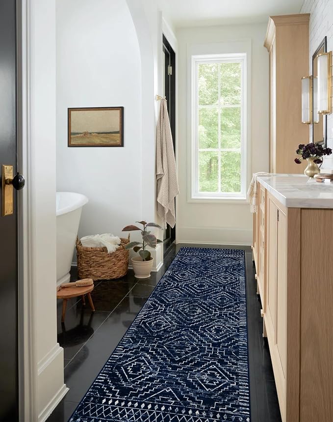 Wonnitar Moroccan Hallway Runner Rugs, 2'6"x10' Washable Non-Skid Blue Runner Rugs for Kitchen, Boho Non-Shedding Soft Long Runner Geometric Low Pile Carpet for Entryway Bathroom (Blue,2'6"x10')