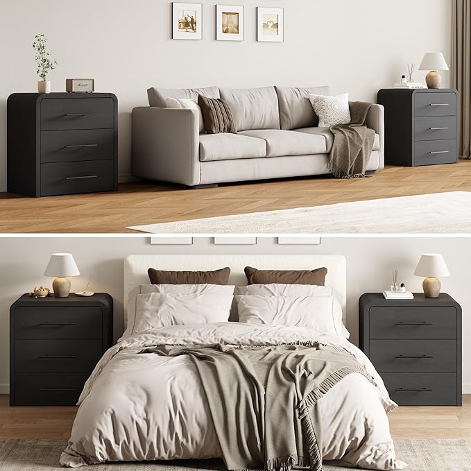 Curved 3-Drawer Nightstand Dresser Set of 2, 23.6'' Wide Modern Wood Bedside Tables with Long Metal Handles, Large Storage End Tables for Bedroom, Office, Black