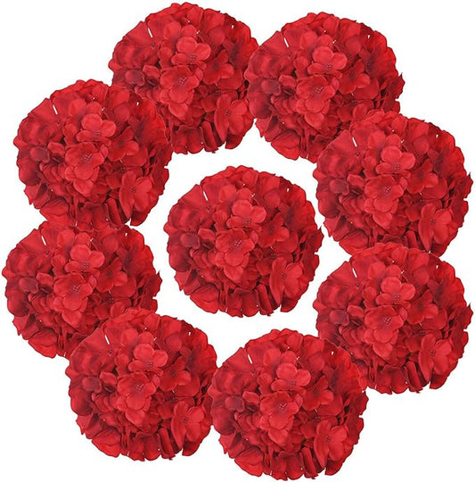 10PCS Silk Hydrangea Heads with Stems Artificial Flowers for Wedding Party Home Decor (Red)