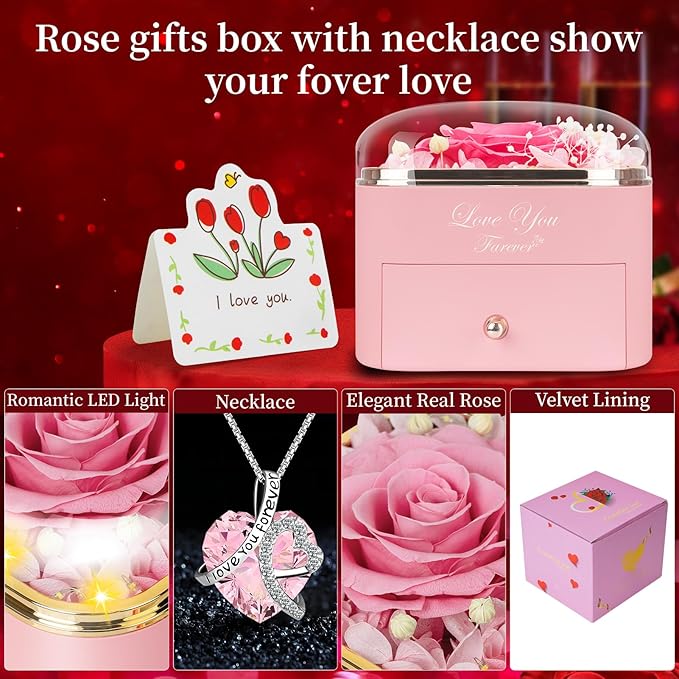 Preserved Pink Real Rose with Heart Necklace -Eternal Flowers Rose Birthday Gifts for Women Wife Mom Girlfriend Grandma Gifts Idea on Christmas Valentines Mothers Day for Her-Pink