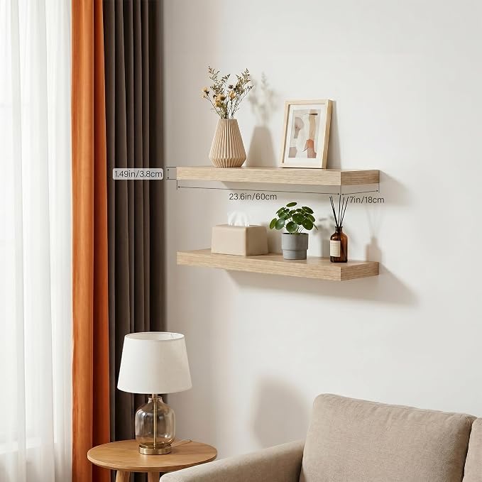 Oak Floating Shelves for Bathroom & Living Room Decor, 24 Inch Rustic Wood Wall Mounted Shelves for Plants, Books, Towels & Storage Display, Set of 2