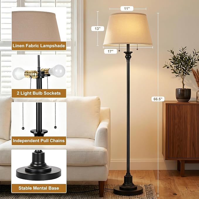 2-Light Floor Lamp for living room, 66.5'' Rustic Farmhouse Pole Lamp with Double Pull Chain, Mid Century Vintage Tall Standing Lamp for Bedroom Home Decor(3 Color Temperatures Bulb Included), Black