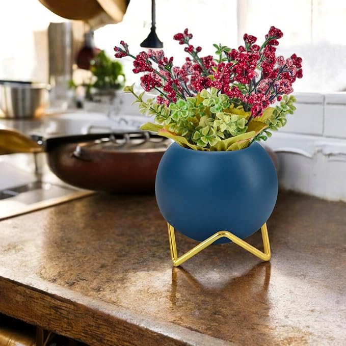 BuleVina 4” Ceramic Plant Flower Pot - Indoor Planter Pot with Gold Metal Stand for Herbs Orchids Cacti Succulents Potted Planter (Navy Blue)