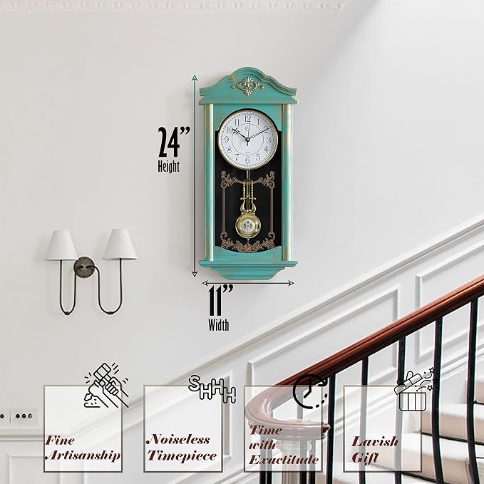Clockswise Large Vintage Grandfather Wood- Looking Plastic Pendulum Wall Clock for Living Room, Kitchen, or Dining Room, (Large, Blue)