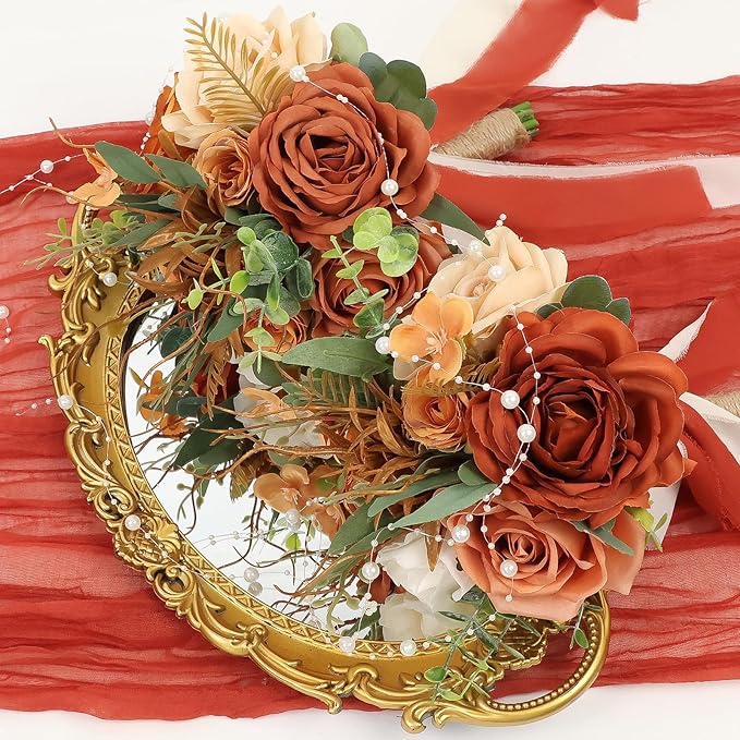 Set of 4 Bridesmaid Bouquets for Wedding - 9 Inch Artificial Flowers Bouquets for Ceremony Anniversary Centerpieces Decorations - Terracotta