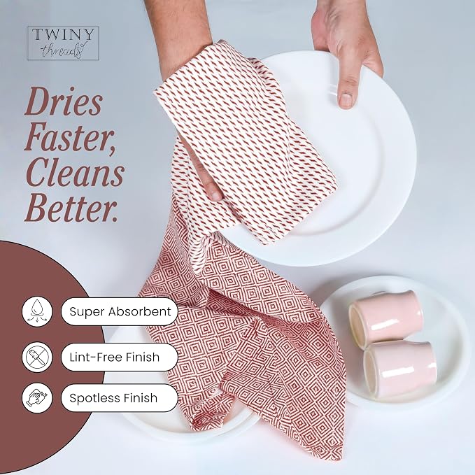 TWINY threads Kitchen Towel Diamond Weave, Premium Kitchen Linen Set, Large 100% Cotton Dish Rags, Absorbent Quick Drying for Daily Use, Washable Reusable, Set of 4, 18x26 Inches, Rust