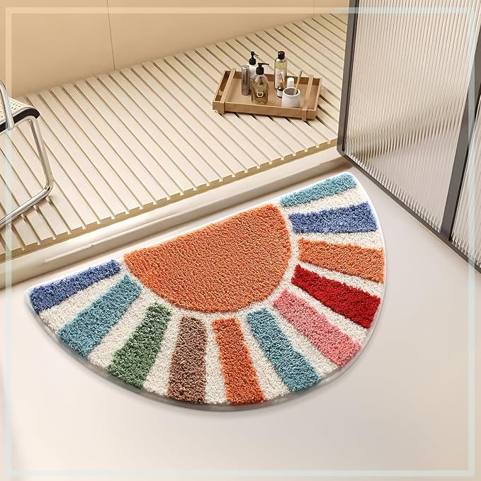 Moutina Boho Bathroom Rugs Cute Half Circle Bath Mat 16x30 Inch, Soft and Absorbent Tufted Bohemian Sun Bath Mat Non Slip Washable, Boho Bathroom Decor Rug Colorful Decorations