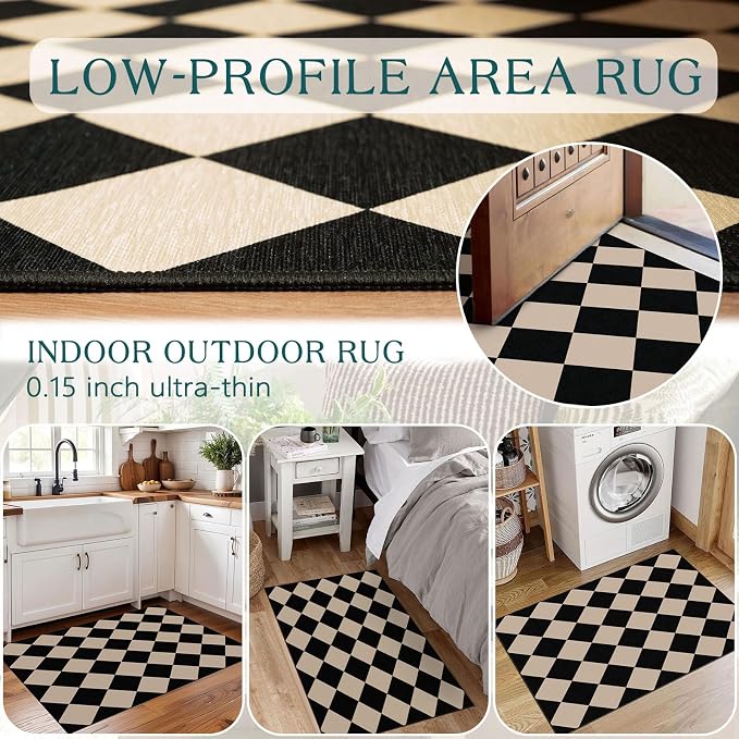 Front Door Mat Outside Entrance - 2x3 Black Tan Non-Slip Washable Doormat Indoor Outdoor Mat Entry Rug Geometric Diamond Small Throw Rugs for Entryway Kitchen Front Porch Decor