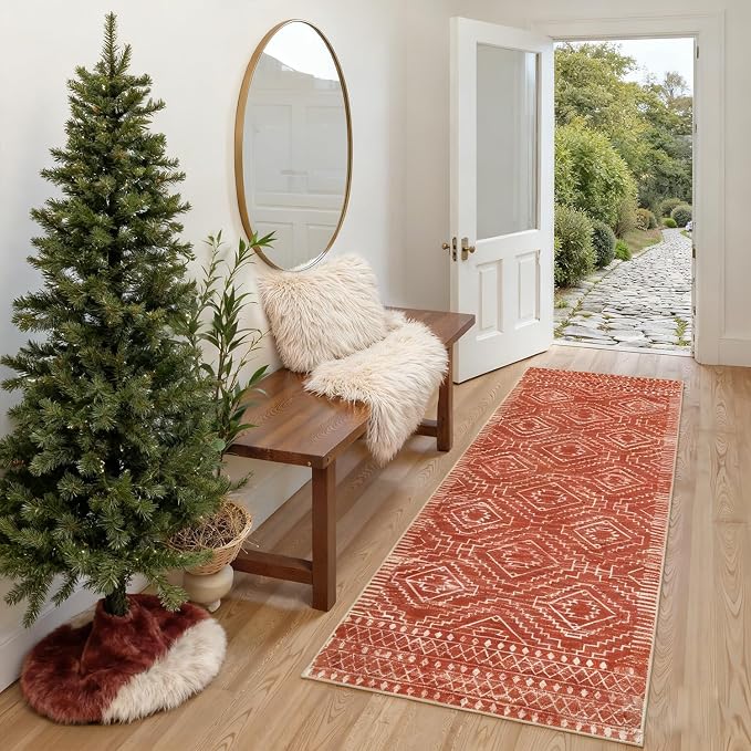 Wonnitar Moroccan Runner Rug, Washable 2'6"x10' Long Runner Rug for Hallway, Boho Farmhouse Non-Skid Kitchen Bathroom Runner Soft Low Pile Carpet for Entryway Laundry Living Room (Brown,2'6"x10')