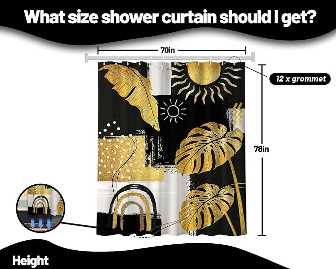 Black and Gold Mid Century Modern Shower Curtain Bohemian Abstract Dark Mens Shower Curtains for Bathroom Decor Sets, Waterproof Cloth Fabric with Hooks, 70x78 Inch