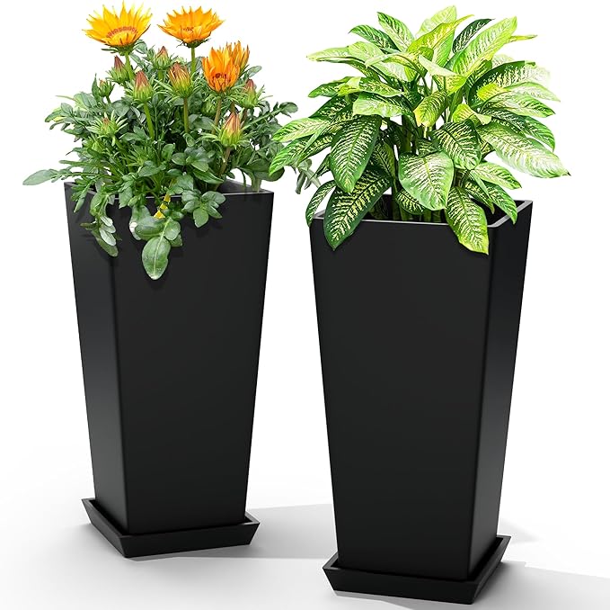 24" Tall Planters for Outdoor Plants, Set of 2 Large Outdoor Planters for Front Porch Decor with Drainage Hole, Tall Planter (Black)