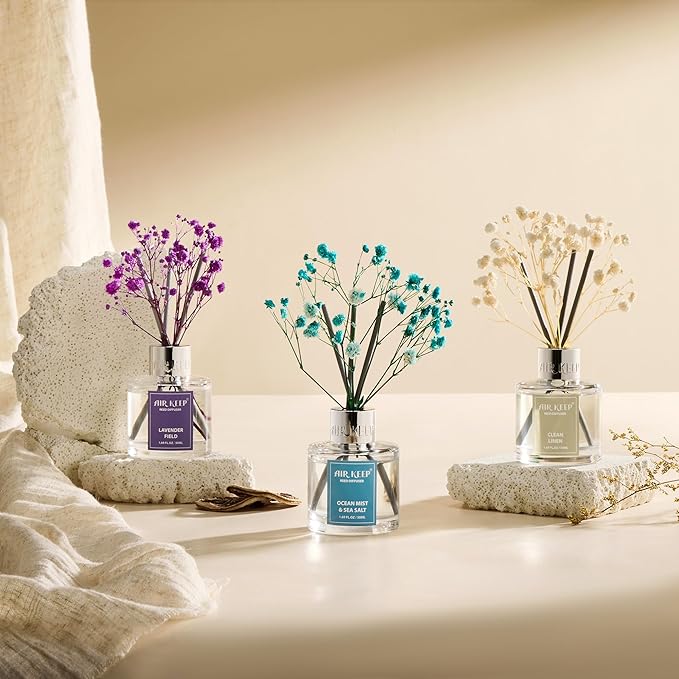 Airkeep Reed Diffuser Set,1.69 fl oz (50 ml) - Lavender Field Oil Diffusers with 8 Reed Sticks,Home Fragrance Reed Diffuser for Bathroom Shelf Decor