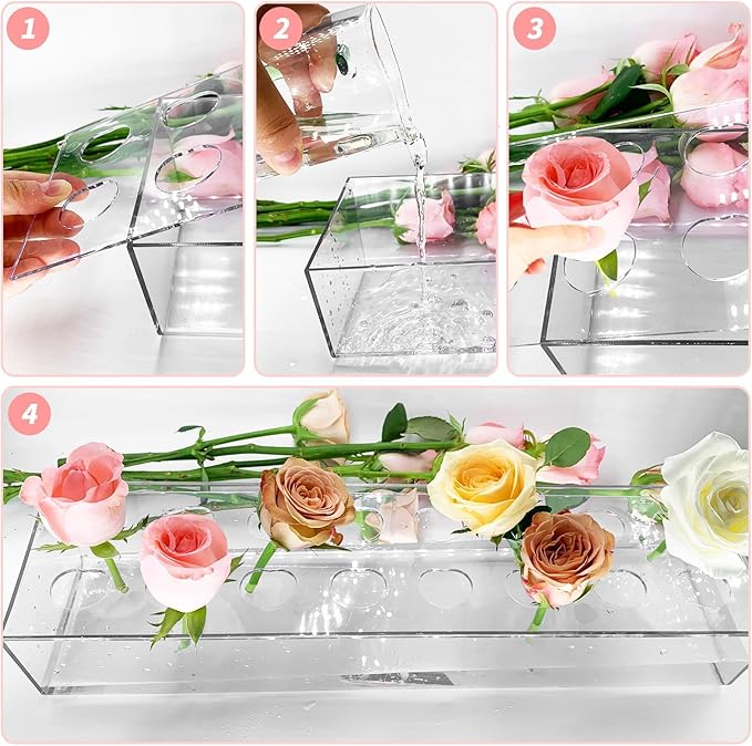 4Pcs Acrylic Flower Vase with 64 Holes,63 inch Decorative Long Clear Vase Modern,Rectangular Acrylic Vases Clear Floral Centerpiece for Dining Table Reception Home Party Decorations