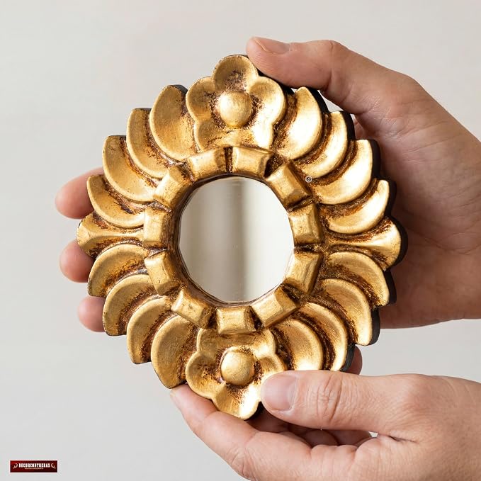Peruvian Accent Mirror 6" - Small Round Gold Wall Decor - Hand-Carved Sunburst Mirror with Bronze Leaf - Unique (Gold)