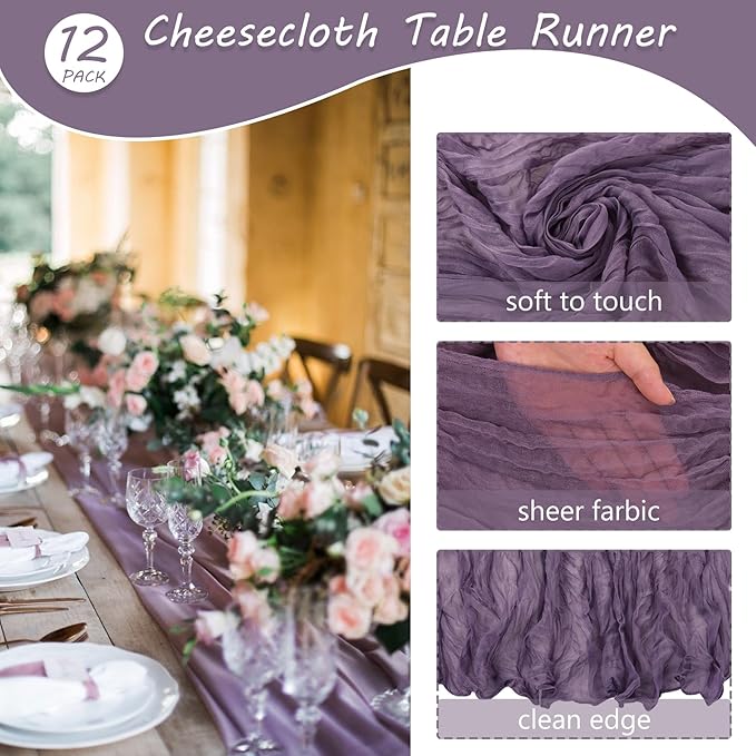 12 Pack 10Ft Cheesecloth Table Runner 35x120 Inch Boho Gauze Table Runner Rustic Cheese Cloth Long Romantic Table Runners for Wedding Bridal Shower Birthday Party Table Decor (Grape)