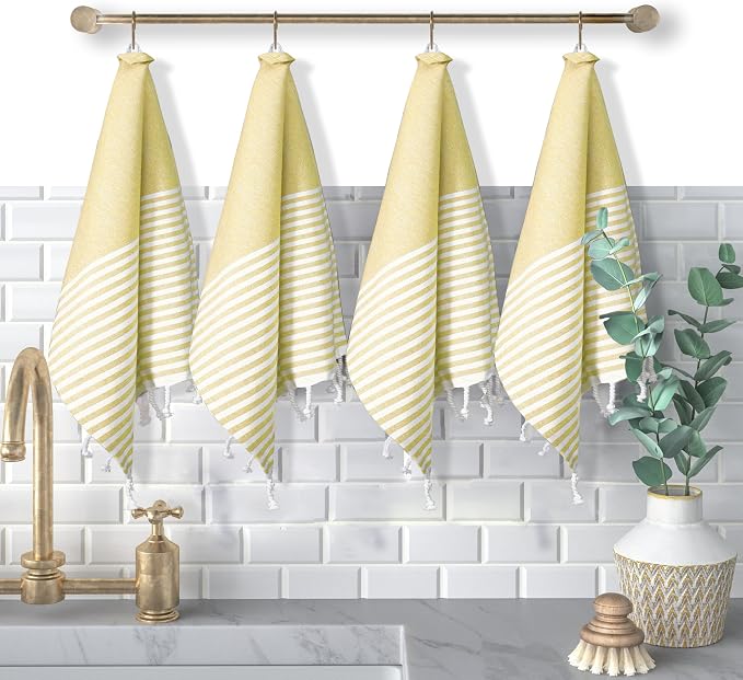 Turkish Kitchen Towels 18x26 Inches with Tassels - 4 Pack - Ultra Absorbent, Durable, Soft 100% Cotton Dish Towels for Drying & Cleaning - Machine Washable, Quick-Dry - Lemon Yellow