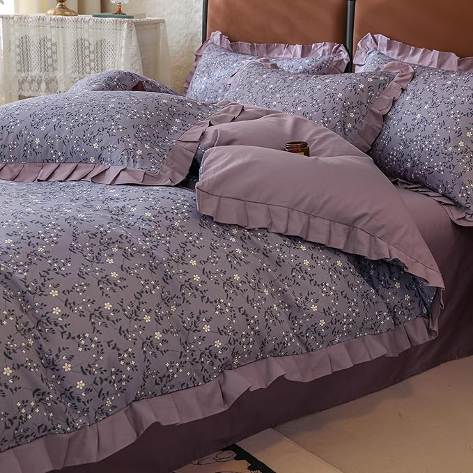 LifeTB Vintage Daisy Flower Duvet Cover Queen 100% Cotton Purple Ruffle Comforter Cover Floral Aesthetic Duvet Cover Romantic Princess Bedding Set Girls Lace Comforter Cover Queen with 2 Pillowcases