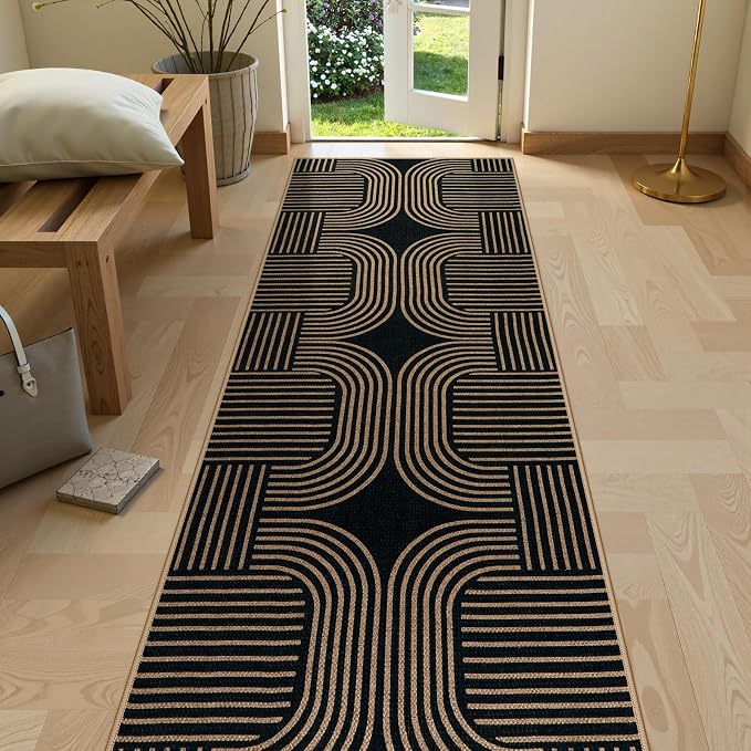 Lahome Enfys Modern Geometric Black Runner Rug, 2x8 Indoor Outdoor Hallway Kitchen Runner Rug with Rubber Backing, Farmhouse Washable Non Slip Non Shedding Floor Carpet for Bedroom Entry Patio