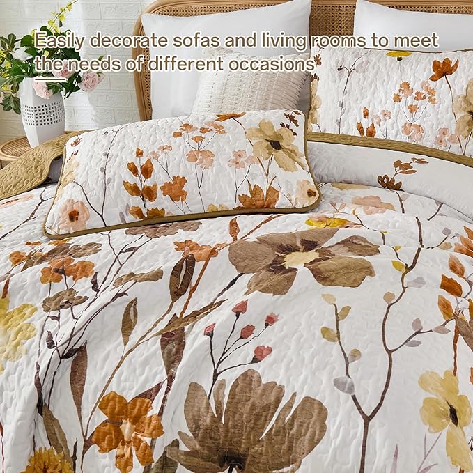 Anibedding Brown Quilt Set King Size, Floral Bedspread with 2 Pillowcases, Soft Microfiber Lightweight Coverlet Bedding Set for All Season(104"x90")