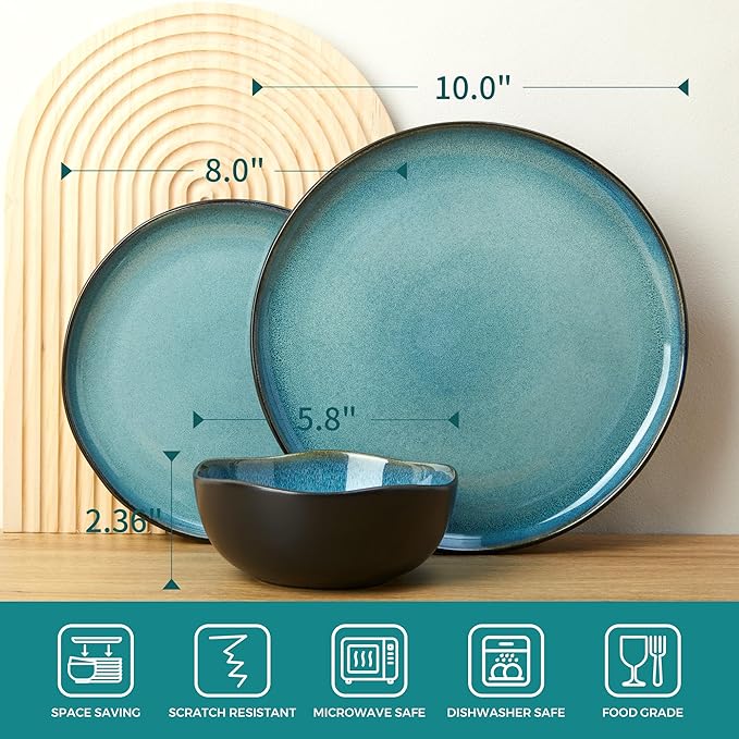 Pokini 18 Piece Dinnerware Sets for 6, Green Black Reactive Glaze Stoneware | Irregular Artisan Style for Family Dinners, Weekend Gatherings | Scratch‑Resistant, Microwave & Dishwasher Safe