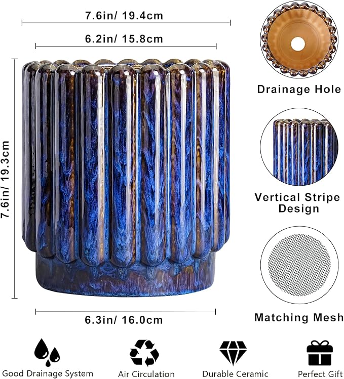 Ceramicfor Ceramic Pots for Plants - 7.6 Inch Plant Pots Indoor with Drainage Hole, Fluted Round Ceramic Planter Outdoor, Modern Flower Planter, Home Office Living Room Decor, Garden Gifts, Blue