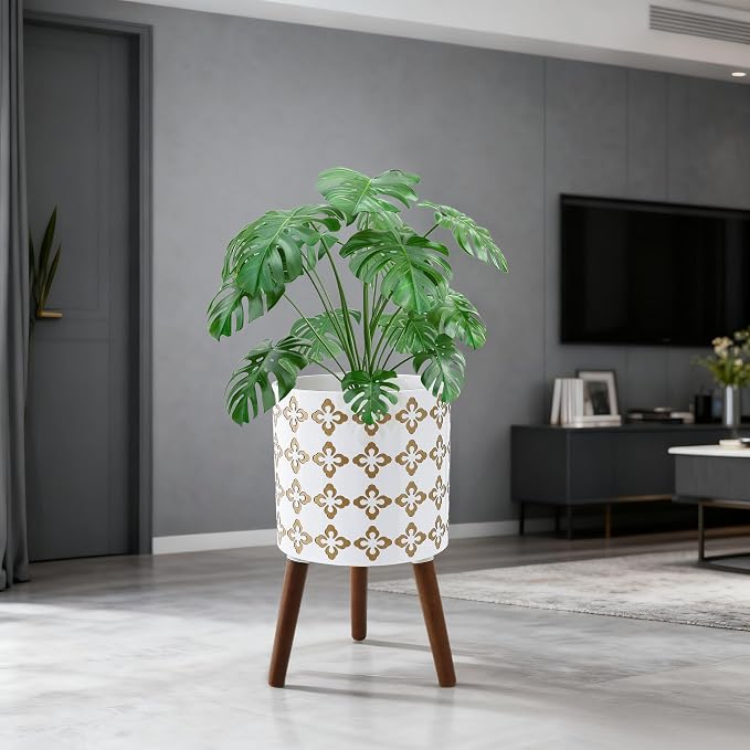 12 Inch Planter Pot with Stand, Planter for Indoor Plants, Modern Large Flower Planter Pot with Drainage Holes for Outdoor, White Gold Floral